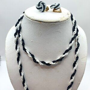 Vintage Black And White Necklace With Matching Clip Earrings